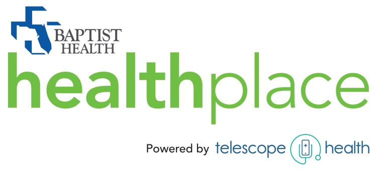 graphic logo that says Baptist Health Healthplace powered by telescope health